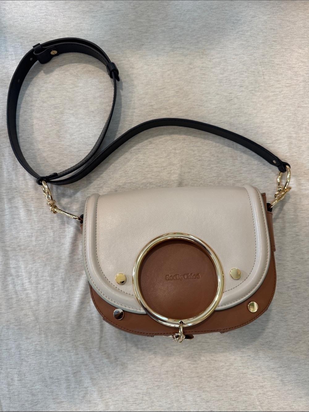 See By Chloé Two-Tone Cream & Brown Leather Crossbody with Gold Ring NWOT